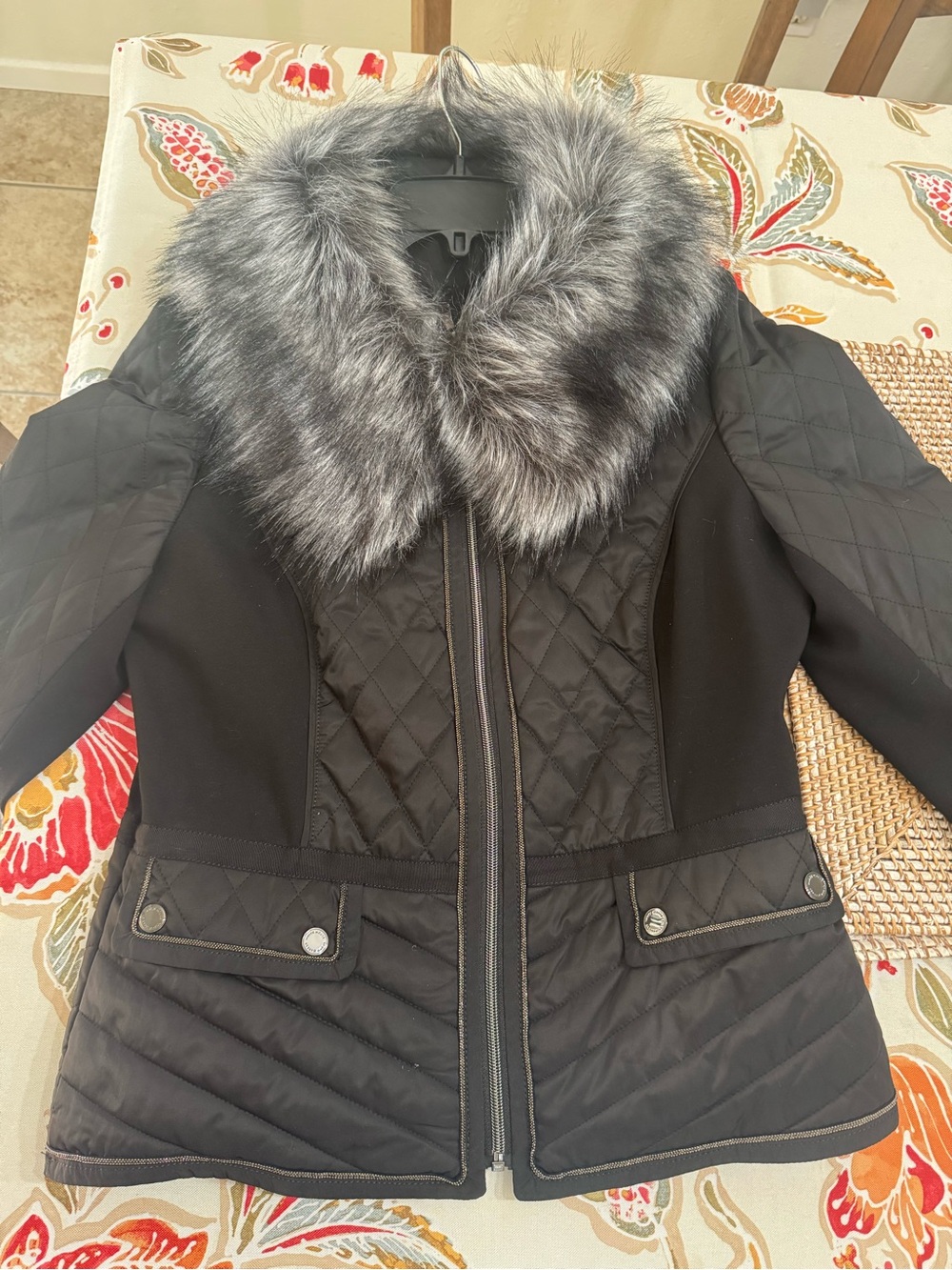 White House Black Market Black Quilted Jacket with Gray Faux Fur Collar